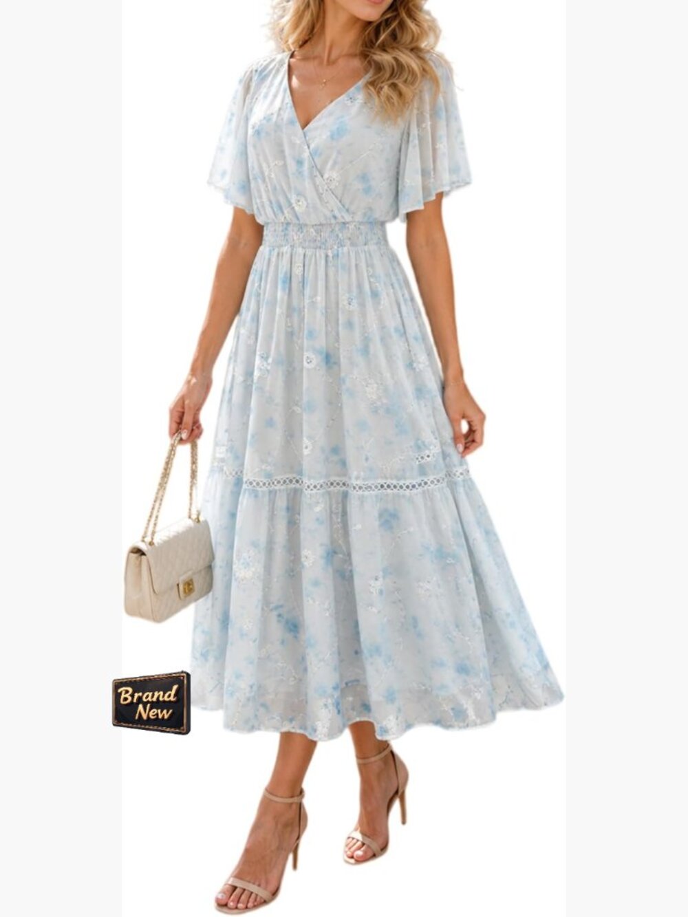 Flutter Sleeve Wrap V-Neck Chiffon Embroidered Smocked Waist Midi Dress